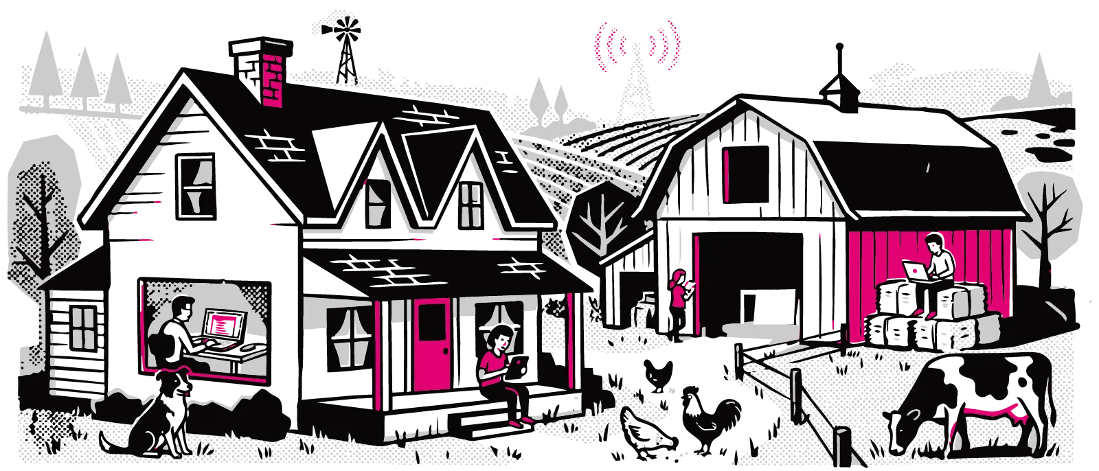 Illustration of a rural farm and home where people are using internet on their different devices.